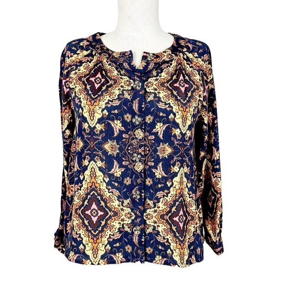 Kachel‎ X Anthropologie Blouse 2 Blue Gold Button-Front Tie-Sleeve Shirt - Picture 1 of 7